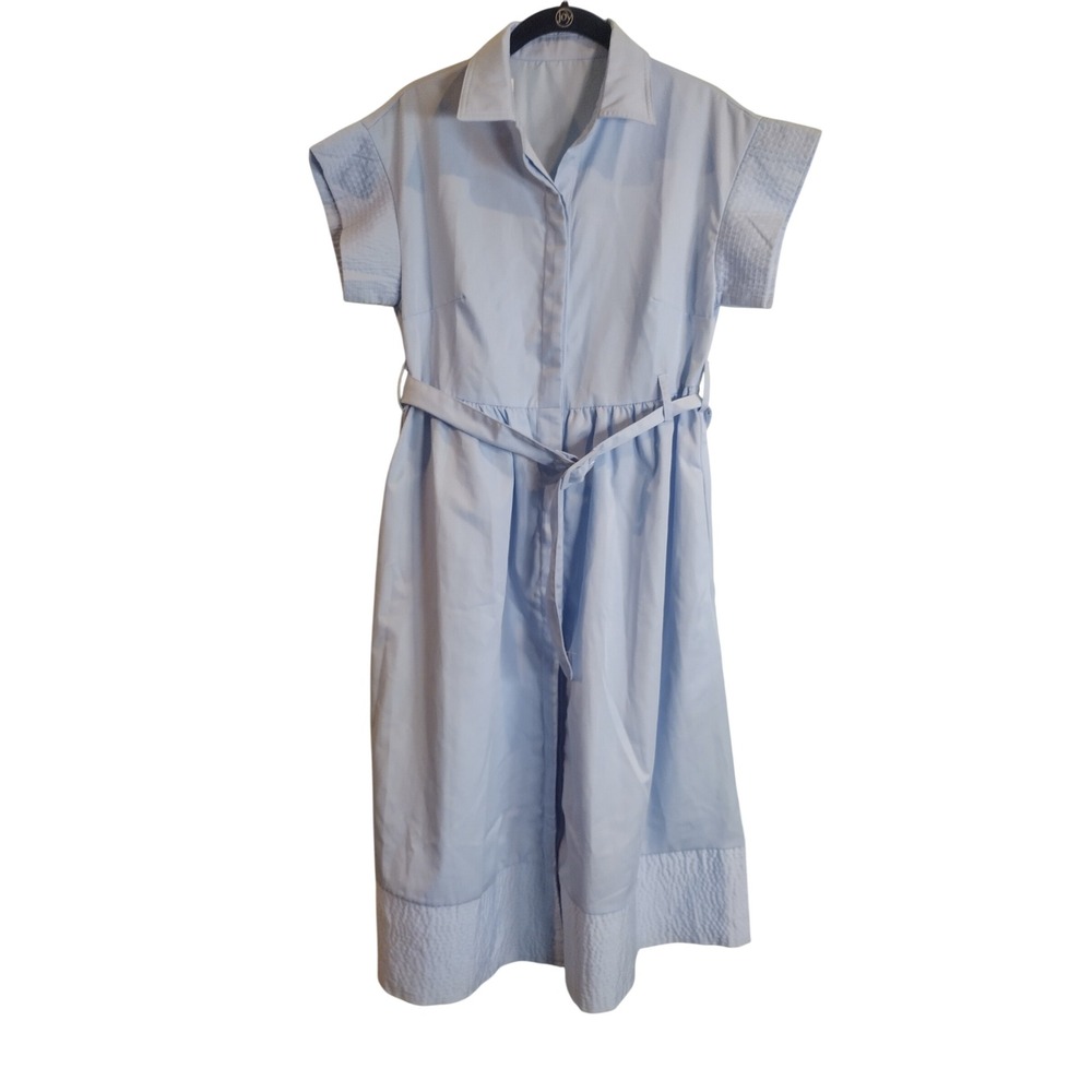 New Light Blue Short Sleeve Midi Shirt Dress with Belted Waist Size S